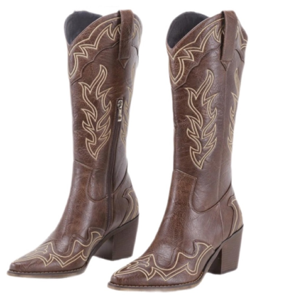 ADAMUMU Wide Calf Cowboy Boots Classic Western Chunky Heel Non-Slip Sole, 8M